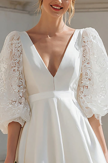 A-Line V-Neck Ivory Mini Engagement Dress with Appliques
